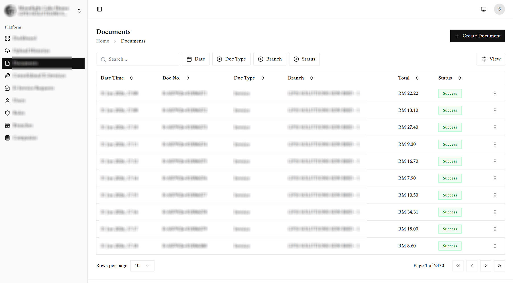 e-Invoice Middleware Dashboard Interface